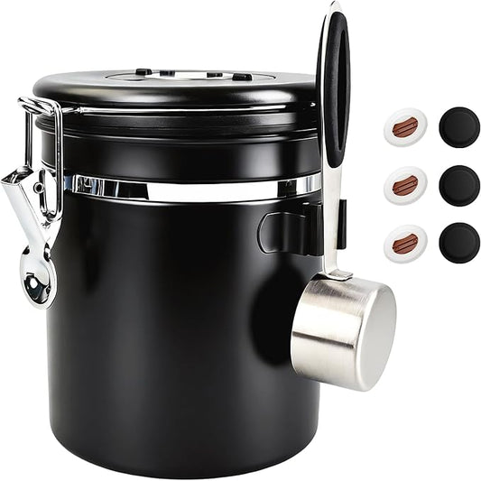 ShanSon Coffee Canister Airtight Coffee Container Stainless Steel Coffee Bean Storage Container with Scoop Coffee Canister for Beans Grounds Sugar Flour Tea Cereal,16OZ, Black