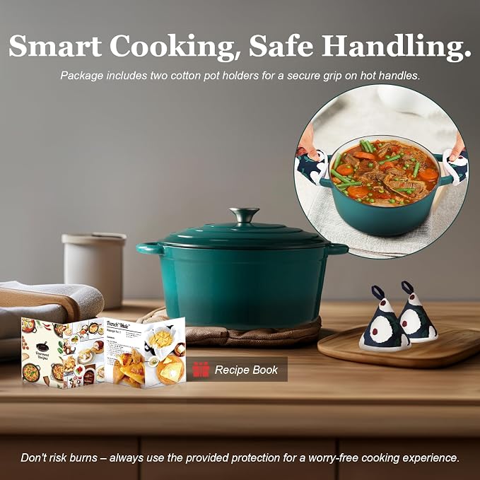 Overmont Enameled Cast Iron Dutch Oven - 4.5QT Pot with Lid Cookbook & Cotton Potholders - Heavy-Duty Cookware for Braising, Stews, Roasting, Sourdough Baking bottle green