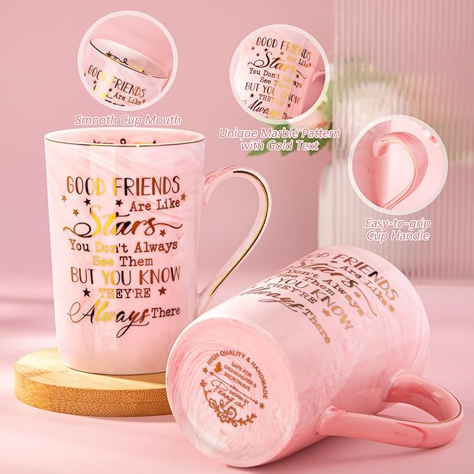 Best Friend Birthday Gifts for Women, Valentines Friendship Gifts for Women - Good Friends are Like Stars - Funny 14Oz Pink Ceramic Gold Print Mug, Presents for BFF, Sisters, Besties, Nice Gift Boxed