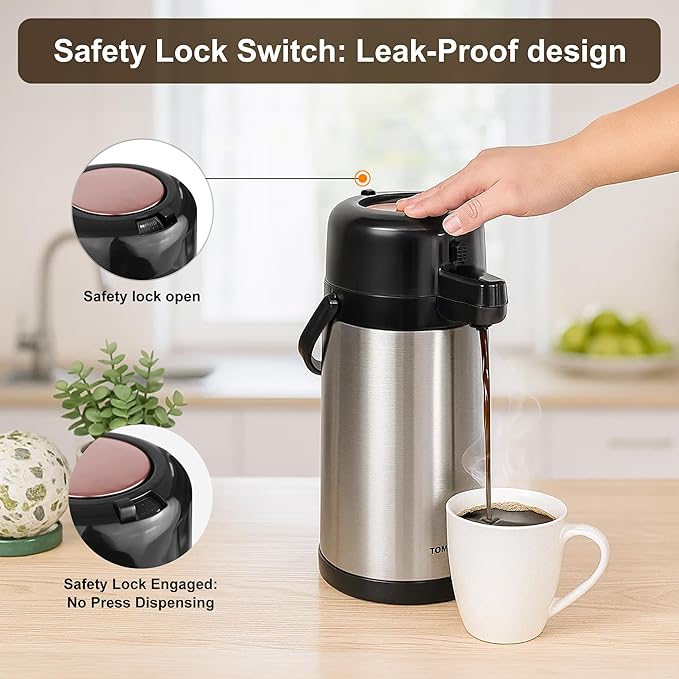 TOMAKEIT Airpot Coffee Carafe for Keeping Hot,102oz/3L Coffee Dispenser Thermal with Pump,Insulated Stainless Steel Hot Beverage Dispenser for Parties,Thermal Carafe for Hot Drinks Water Tea Chocolate