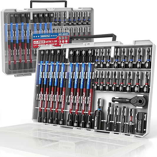41-Piece Premium 1/4" Drive Magnetic Impact Nut Driver Set Metric & SAE Standard & Deep with Socket Adapters, 2-in-1 Ratchet Wrench, Wing Nut Driver, Universal Sockets, Quick Release Bit Holder