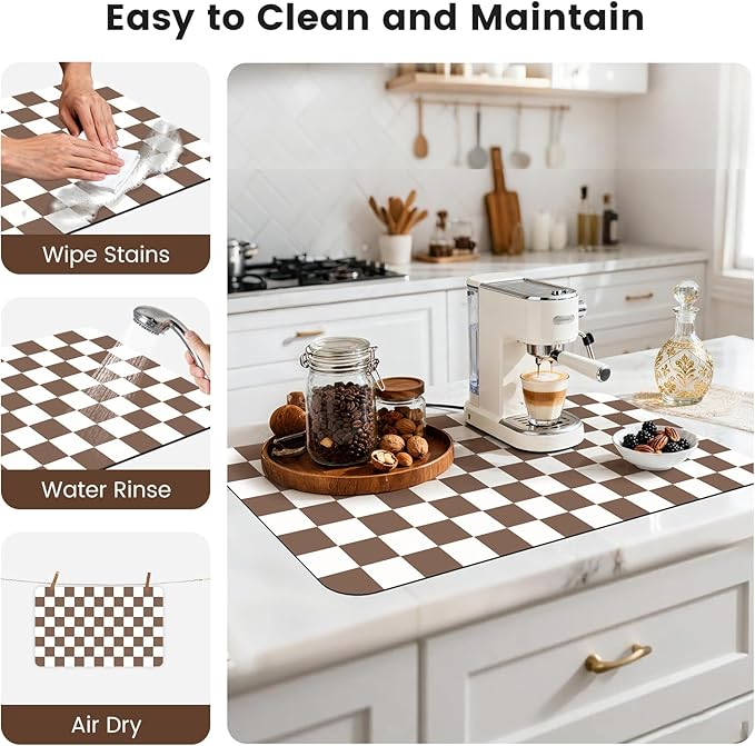 17" x 32" Checkered Dish Drying Mat for Kitchen Counter, Absorbent Coffee Bar Mat for Espresso Machine Coffee Countertops Accessories, Coffee Brown