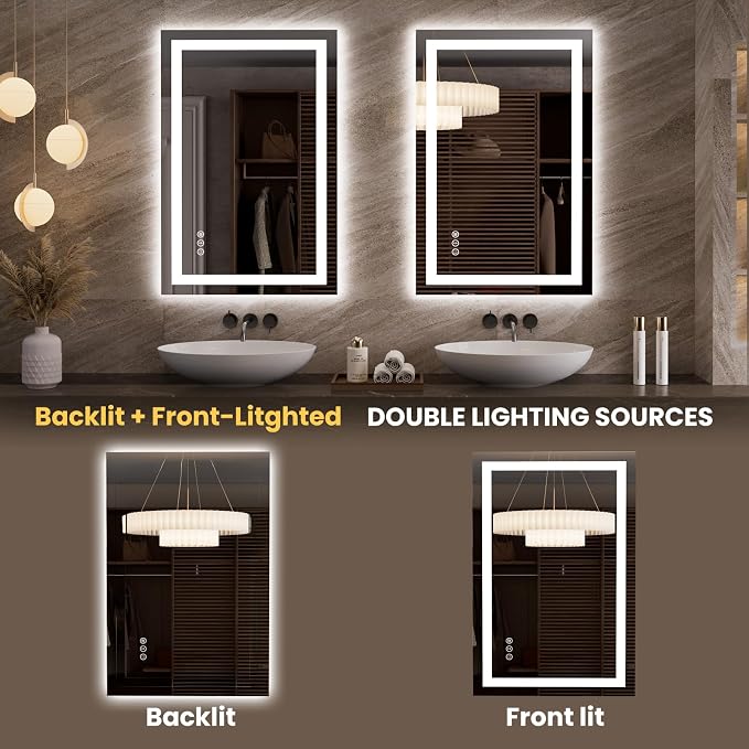 LOAAO 23.6"x35.4" LED Bathroom Mirror with Lights, Anti-Fog, Dimmable, Backlit + Front Lit, Lighted Bathroom Vanity Mirror for Wall, Memory Function, Tempered Glass, Safe to Use, ETL Listed