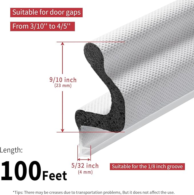 100 Feet Kerf Door Weather Stripping Door Seal, Long Reach V-Shaped Door Seal Strip for Door Frame Door Weatherstripping Insulation Strip Door Soundproofing for Large Gap(White)