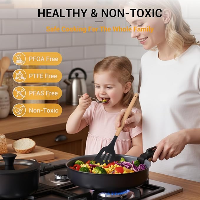 Ammeloo 18-Piece Ceramic Pots and Pans Set Non Stick, Non Toxic Cookware Set with Removable Handles, Pot Sets for Cooking, Induction Ready, Dishwasher & Oven Safe, PFAS PFOA & PTFE Free (Black)