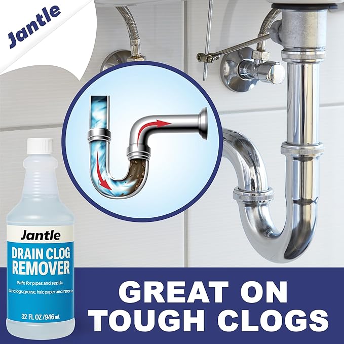 Drain Clog Remover - 12 Pack, 32 oz Bottles Powerful Drain Cleaner Liquid for Shower, Sink, and Toilet - Dissolves Hair, Grease, Paper, Fat, Oil - Plumbing & Septic Safe - Easy to Use Formula