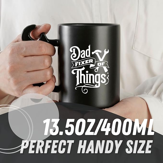 Onebttl Dad Gifts Coffee Mug with Wrench Spanner Handle, Gifts for Dad from Daughter and Son, 13.5oz Funny Ceramic Mug for Father on Birthday, Father's Day, Christmas - Fixer of Things