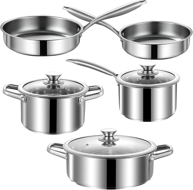 Stainless Steel Pots and Pans Set, 8 Piece Kitchen Induction Cookware Sets with Glass Lids, Works with Induction, Electric and Gas Cooktops, Non Toxic, Oven & Dishwasher Safe