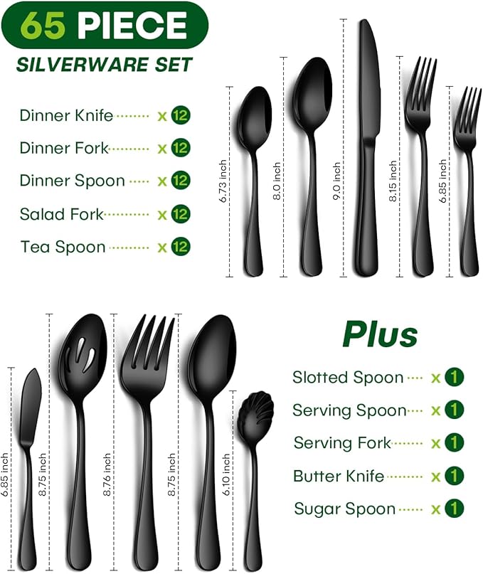 PHILIPALA 65 Piece Black Silverware Set with Serving Utensils, Stainless Steel Flatware Set for 12 Food Grade Cutlery Utensil Set Include Knife Fork Spoon Mirror Polished Dishwasher Safe