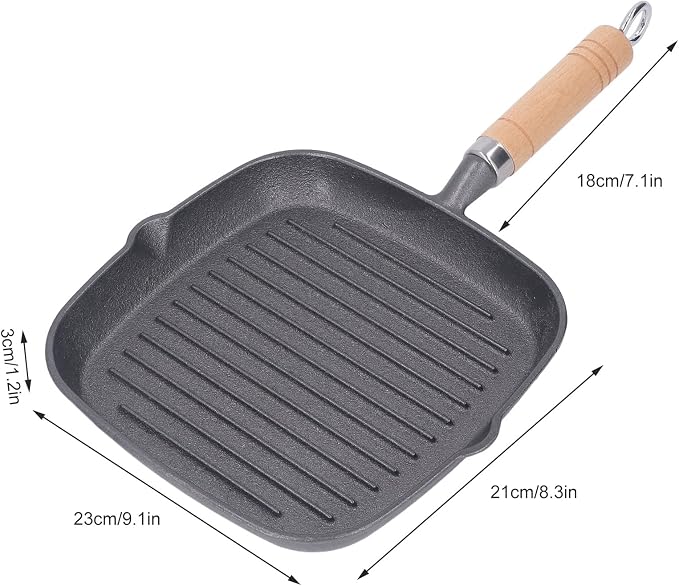 Cast Iron Square Grill Pan,Nonstick Grill Pan,Multipurpose Prevents Stick Quadrate Cast Iron Steak Pan with Detachable Wooden Handle for Bacon Steak Onion