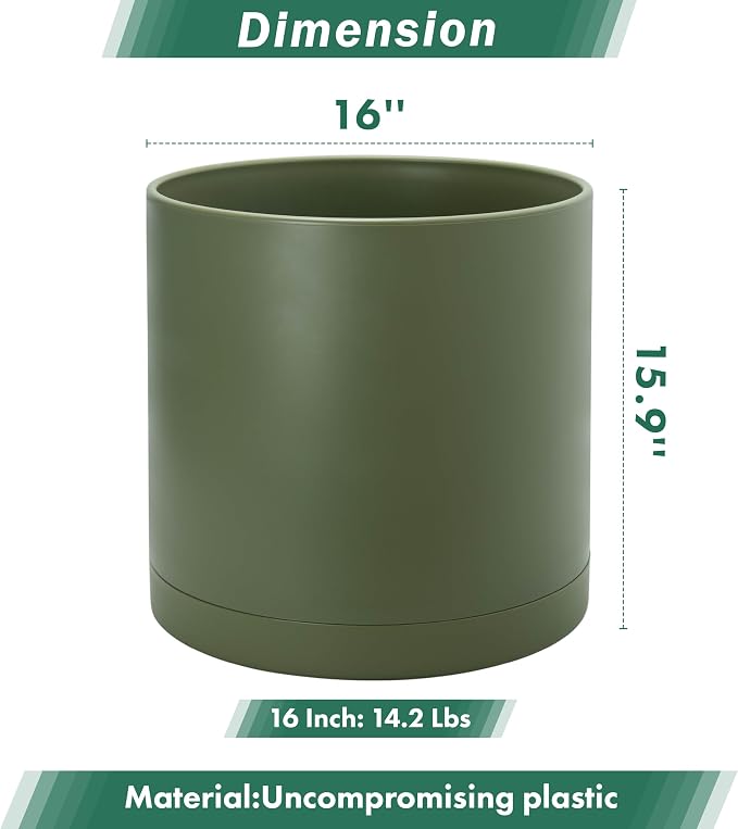 D'vine Dev 16 Inch Plastic Planter Pots for Plant Pot with Drainage Hole and Seamless Saucers, Olive, 74-X-I-5
