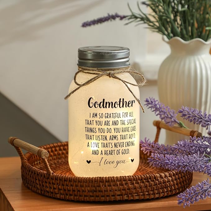 Maracco Godmother Mothers Day Gifts from Godchild, Proposal Godmother Birthday Gift, Mason Jar with 10 Warm Lights, Best Gifts for Godparents, Mason Jar Lights for God Mommy (30oz)