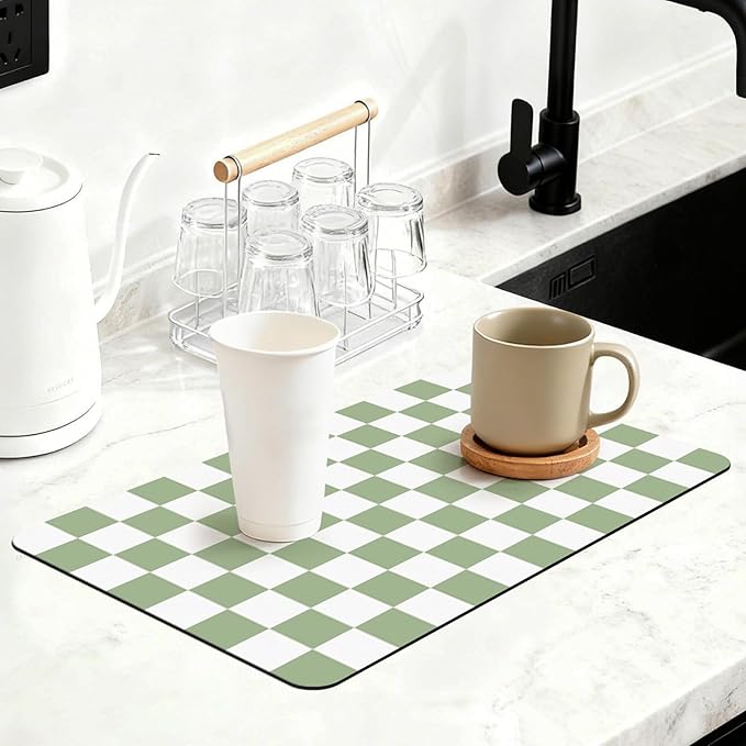 16" x 24" Checkered Dish Drying Mat for Kitchen Counter, Absorbent Coffee Bar Mat for Espresso Machine Coffee Countertops Accessories, Sage