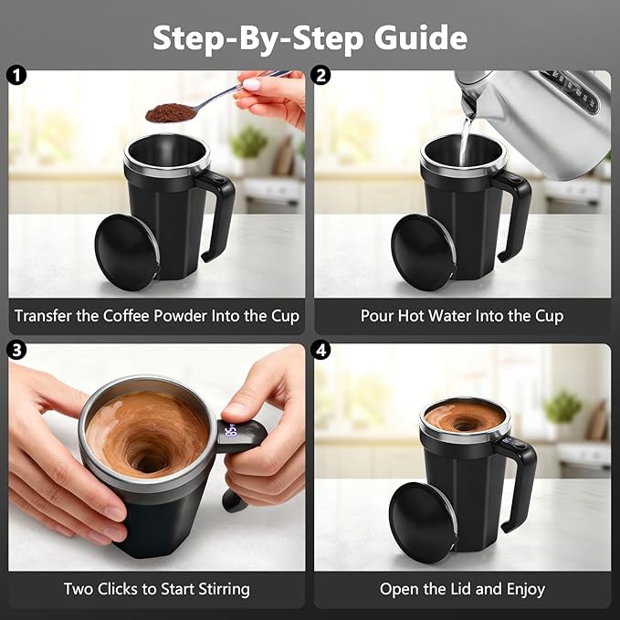 Self Stirring Coffee Mug with Temperature Display, 18 oz Rechargeable Self Stirring Mug with Lid, Automatic Self Stirring Cup, Coffee Mug with Stainless Steel for Coffee, Milk, Beverages, Black