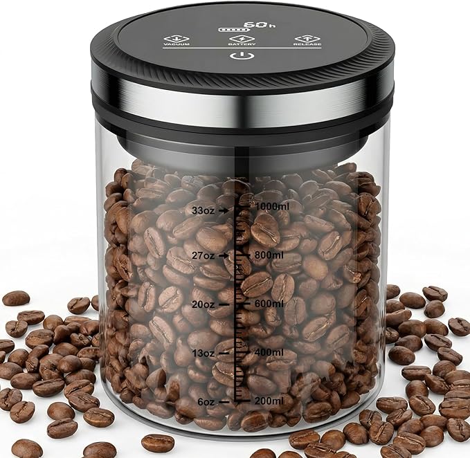 Vacuum Coffee Canister, One-touch Operation with Display, Standby Time Over 4500H, Vacuum Coffee Canister Suitable for Grain/Sugar/Tea Leaves/Flour, 1.2L Capacity with Large Feed Opening