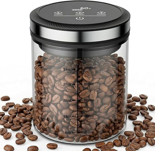 Vacuum Coffee Canister, One-touch Operation with Display, Standby Time Over 4500H, Vacuum Coffee Canister Suitable for Grain/Sugar/Tea Leaves/Flour, 1.2L Capacity with Large Feed Opening
