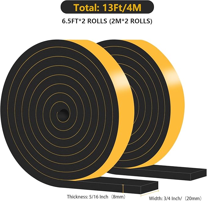 Weather Stripping Door Seal,Weather Stripping,Soundproof,Cold Insulation,High Density CR Foam Insulation Tape for Door, Front Door Frame, Windows,Sliding Door (Black, 3/4 in x 5/16 in x 13Ft)