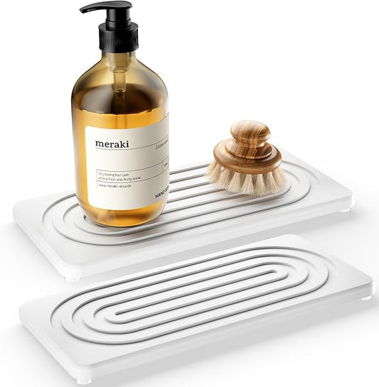 Water Absorbing Stone Tray, Quick Drying Diatomite Bathroom Tray Countertop, Stone Drying Mat for Kitchen Counter, Soap Dish Dispenser Vanity Organizer, White-A-12.2" x 4"