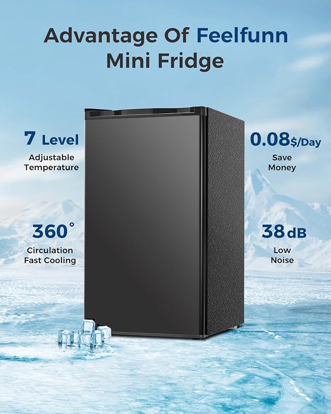 Feelfunn Mini Fridge with Freezer - 3.2 Cu.Ft Single Door Mini Refrigerator with Adjustable Thermostat, Energy Saving, Low Noise, Small Fridge for Bedroom, Office, Dorm, Apartment, Classroom - Black