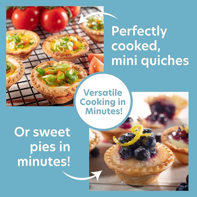 Mini Pie & Quiche Maker- Electric Baker Cooks 6 Small Quiches or Pies in Minutes- Dough Cutting Circle Easy Measurement- Better than Tin Pans- Baking Dessert Gift for Her, Summer Brunch Must Have