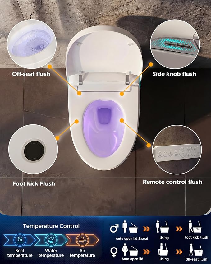 TOTTE Smart Toilet with Bidet Built-in, Automatic Lid, Heated Seat & Dryer, ADA Comfort Height Bidet Toilet, Foam Shield, Night Light, Instant Warm Water, Built-in Aroma System for Modern