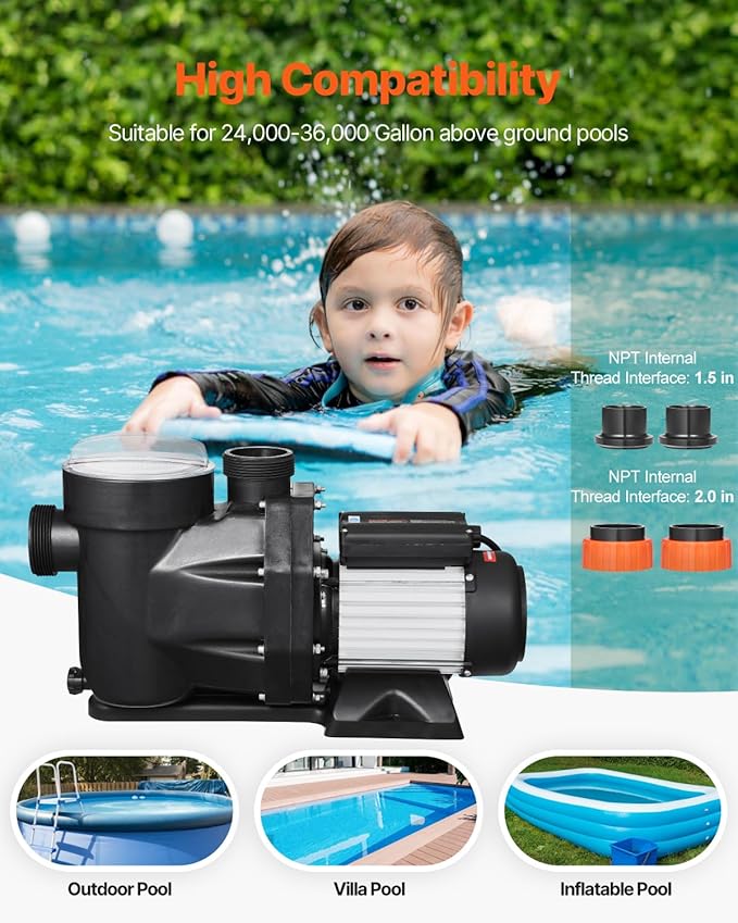 VEVOR 2HP Self-Priming Pool Pump 135 GPM 220V In/Above Ground