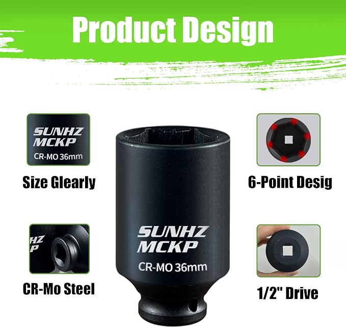SUNHZMCKP 1/2" Drive Deep Impact Socket Set 17-Piece, Spindle 6 Point Axle Nut Sockets Set, Standard SAE (1-1/4-Inch to 1-3/4-Inch) and Metric (29mm - 38mm) Large Socket, CR-MO, Impact Grade