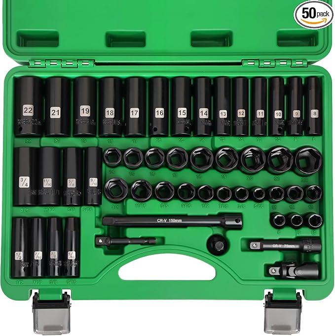 3/8" Drive Impact Socket Set, 50 Piece Standard SAE (5/16 to 3/4 inch) and Metric (8-22mm) 6 Point, Extension Bars, Impact Universal Joint, Adapter, Cr-V Steel