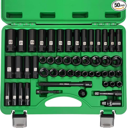 3/8" Drive Impact Socket Set, 50 Piece Standard SAE (5/16 to 3/4 inch) and Metric (8-22mm) 6 Point, Extension Bars, Impact Universal Joint, Adapter, Cr-V Steel