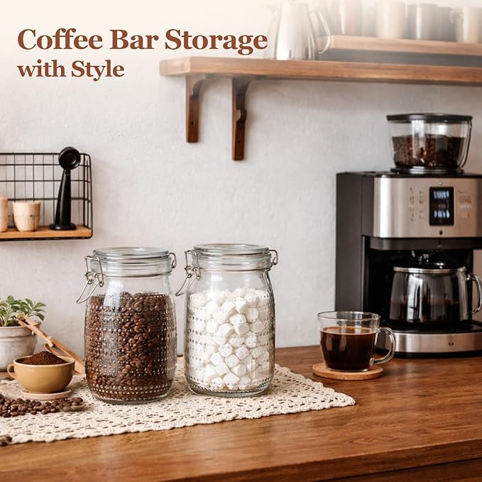 ComSaf 34oz / 6 Pack Glass Food Storage Jars with Airtight Lids, Vintage Hobnail Pattern Wide Mouth Canister Set for Pantry Organization, 1000ml Clear Containers for Coffee, Beans, and Snacks
