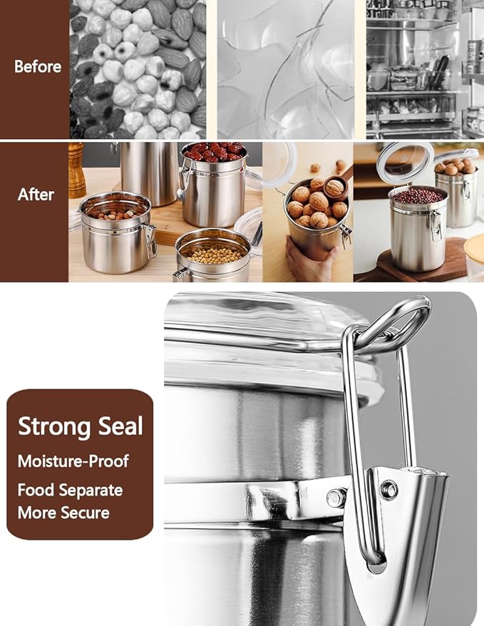 Walktosun Stainless Steel Food Container with Clear Lids Airtight Storage Container Stackable Small Canisters Kitchen Pantry Storage for Cereal, Snacks, Candy, Herbs, Spices, Sugar, Tea (Silver)