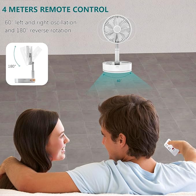 Foldable Fan - Foldaway Portable fans- Remote Control Hand Strap - LED Lighting - 7200mAh Battery Operated Portable Standing Fan, 4 Speed, Timer for Camping Travel , Outdoor, Home (White)