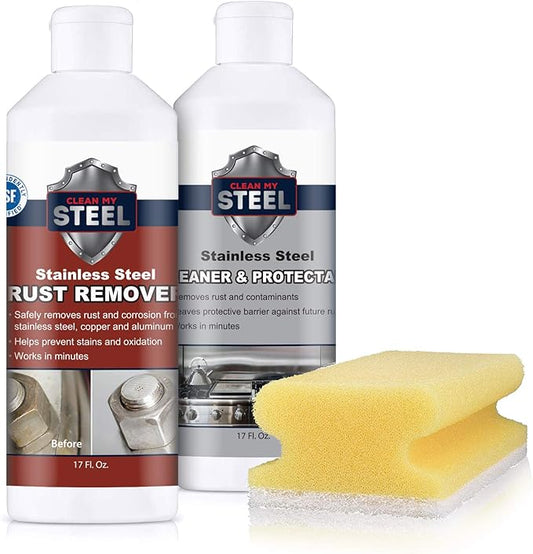 CLEAN MY STEEL Stainless Steel Rust Remover and Protector Kit, NSF Certified, 17 oz, Includes B570 Rust Remover, B580 Cleaner and Protector, Sponge and Gloves