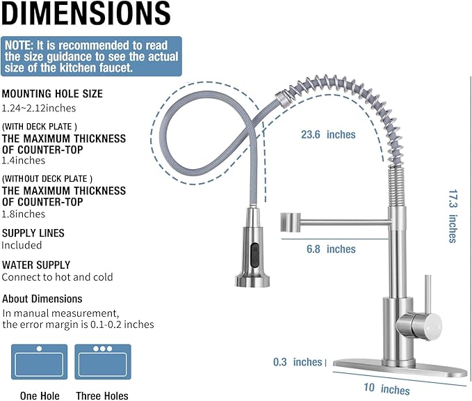 DJS Kitchen Faucets with Pull Down Sprayer Brushed Nickel -Single Handle 1 or 3 Holes Spring Kitchen Sink Faucet with Deck Plate for Farmhouse RV Vessel Basin