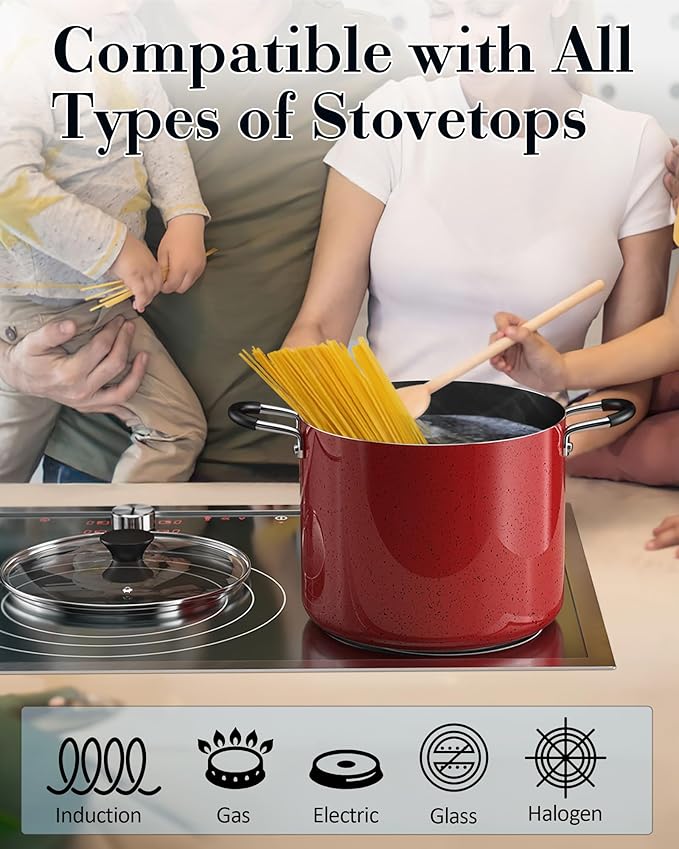 Cook N Home 8 Quart Non Stick Stock Pot with Lid, Large Pots for Cooking | Nonstick Soup Pot, Stockpot Induction Cookware - Oven & Dishwasher Safe, Marble Red