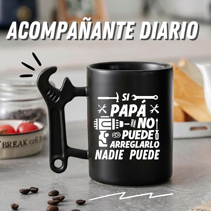 Onebttl Dad Gifts Coffee Mug with Wrench Spanner Handle, Gifts for Dad from Daughter and Son, 13.5oz Funny Ceramic Mug for Father on Birthday, Father's Day, Christmas - Spanish Dad, Regalos para papá
