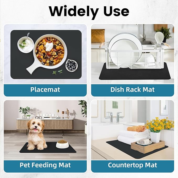 PoYang 17"x12" Coffee Mat Small, Coffee Bar Accessories for Countertop, Absorbent Dish Drying Mat, Anti-Slip and Hide Stain Pad for Espresso Machine, Espresso Maker and Kitchen Counter, Black