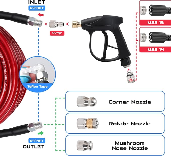 Sewer Jetter Kit for Pressure Washer 50 FT, Drain Cleaner Hose with Power Washer Gun, 1/4 Inch NPT Corner, Rotating and Button Nose Sewer Jetting Nozzle,Waterproof Tape, Pearl Corsage Pin, Spanner