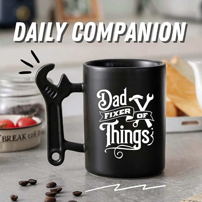 Onebttl Dad Gifts Coffee Mug with Wrench Spanner Handle, Gifts for Dad from Daughter and Son, 13.5oz Funny Ceramic Mug for Father on Birthday, Father's Day, Christmas - Fixer of Things