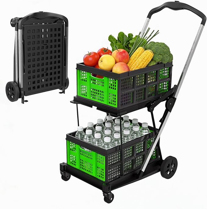 Collapsible Shopping Cart with Wheels,2 Tier Multi Use Foldable Shopping Cart with 2 Storage Crates,Folding Shopping Trolley Utility Cart for Office,Groceries, Warehouse,Supermarket,Picnic (Green)