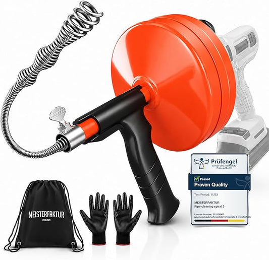 MEISTERFAKTUR drain snake - Auto Feed - Ideal plumbing snake for sink and drain unblocking - Solid drain auger for real DYIs! (50FT)