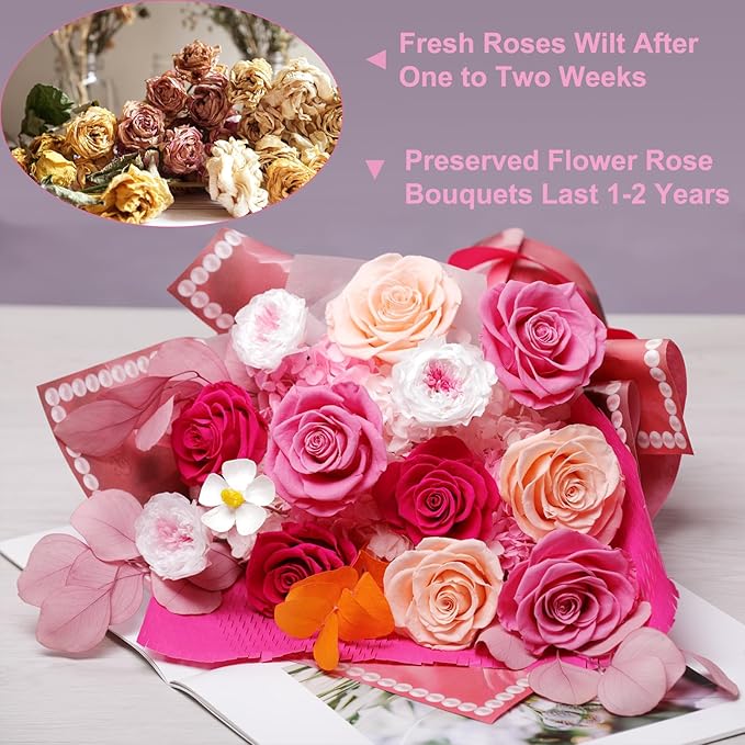Lovenfold Flowers for Delivery Birthday Flowers Gift for Her,Preserved Flowers Bouquet 12 Roses Mixed Bouquet,Rose Gifts for Women Mom Grandma(Mixed 12 Pink-A Roses)