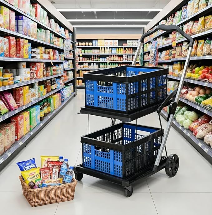 Collapsible Shopping Cart with Wheels,2 Tier Multi Use Foldable Shopping Cart with 2 Storage Crates,Folding Shopping Trolley Utility Cart for Office,Groceries, Warehouse,Supermarket,Picnic (Blue)