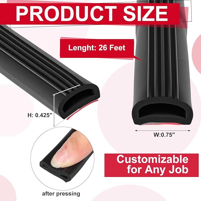 Pangda 26Ft D Shape Rubber Weather Stripping Foam Self-Adhesive EPDM Seal Strip for Noise Reduction Waterproof Dustproof for Cars Boats RVs Windows Doors (0.75" W x 0.425" H)