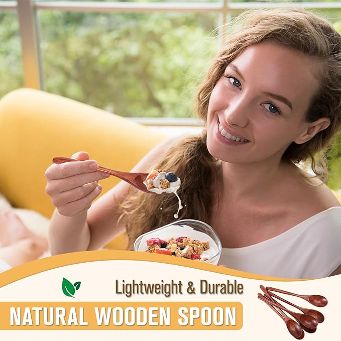 Wooden Spoons, 6 Pieces 9 Inch Wood Soup Spoons for Eating Mixing Stirring, Long Handle Spoon with Japanese Style Kitchen Utensil, ADLORYEA Eco Friendly Table Spoon (Nanmu, 9 Inch)
