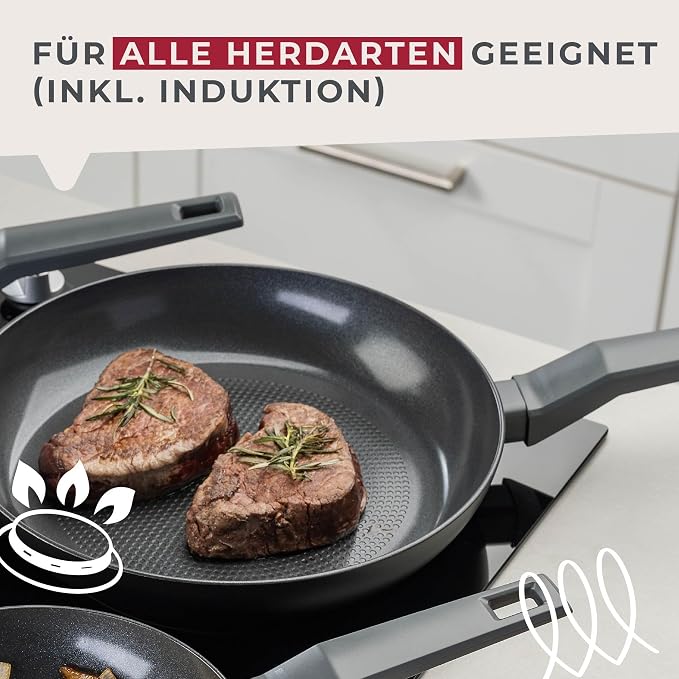 Fackelmann STATEMENT 24cm Frying Pan, Recycled Aluminium, Non-Stick PFAS Free Ceramic Coating, Honeycomb Base Structure, Comfort Grip Handle, All Stoves Including Induction, 42.5x24x4.3cm, Ash Grey