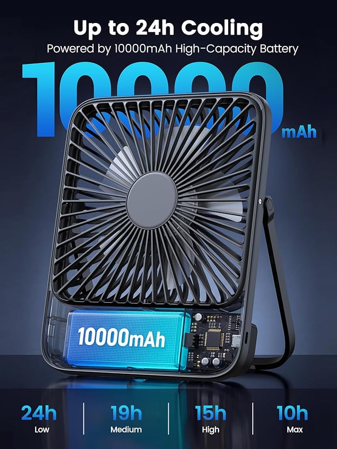 Warmco 10000mAh Portable Travel Fan 7-inch, Up to 24H Runtime, Ultra-thin Quiet Rechargeable Battery Operated Desk Fan with Digital Display for Camping, Office, Bedroom, Cruise Essentials