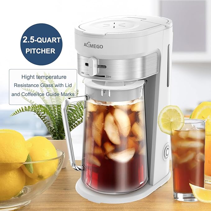 AEMEGO Iced Tea Coffee Maker, Brewing System with 2.5-quart Glass Pitcher, sliding strength selector, Stainless Steel Decoration, Reusable Filter（white）