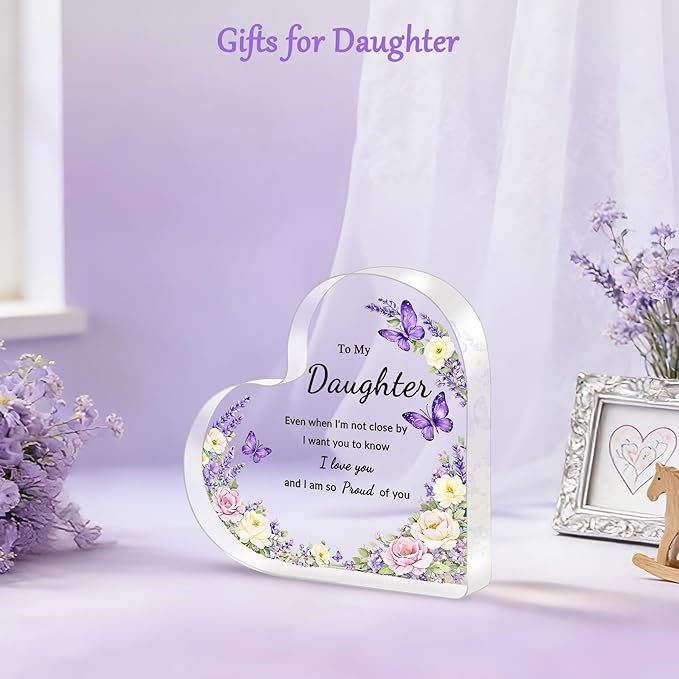 Mothers Day Gifts for Daughter - To My Daughter Acrylic Heart Plaque Daughter Gifts, Purple Birthday Gifts for Daughter Adult Teen Girls from Mom Dad, Cute Keepsake Inspirational Decor