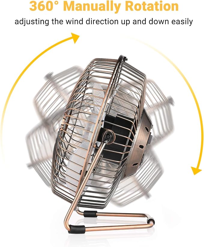 EasyAcc 6 Inch USB Desk Fan, 360°Rotation Small and Quiet,Powerful Portable Strong Airflow,Mini Metal Personal Cooling Fan with 2 Speed for Home Office,Bronze(USB POWERED ONLY)
